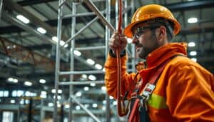 audit sécurité travail en hauteur : inspection d'un échafaudage par un technicien équipé